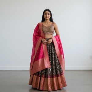 Pink and Gold Embellished Lehenga Skirt with Matching Dupatta